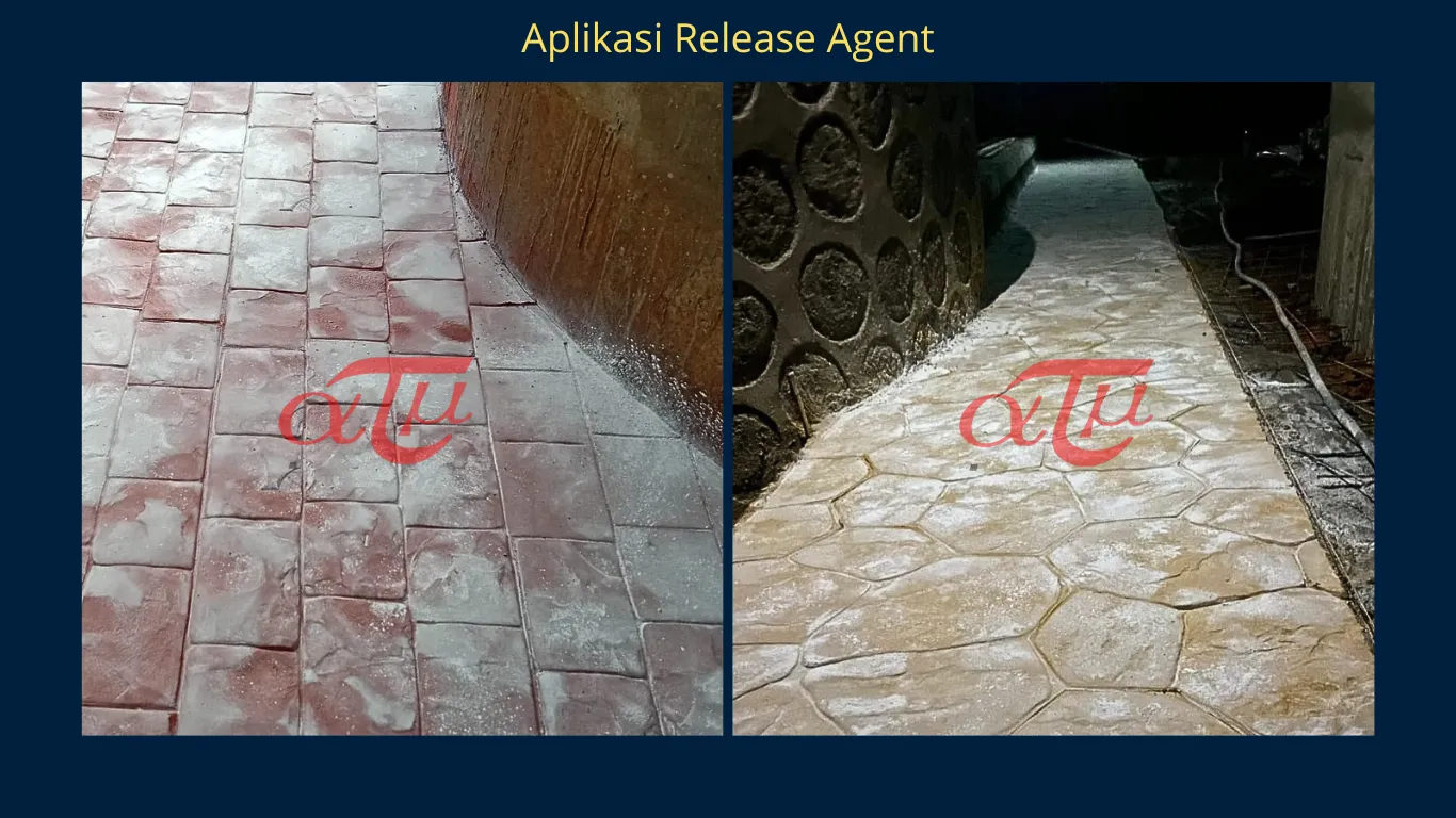 Tekstur dan motif stamped concrete lepas dari mould (belum finish), Warna putih adalah bubuk release agent yang dapat hilang ketika flushing